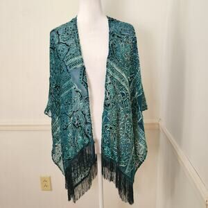 World Market Poncho Top Shirt One Size Womens Blue Boho Fringe Burnout Velvet